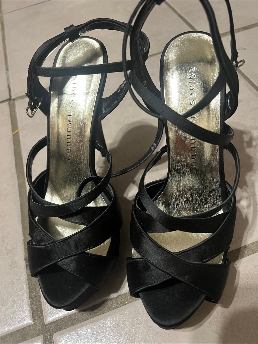 “Chinese Laundry” Black Satin Strappy Stiletto Sandals – 5 Inch – Size 7 ½ M